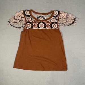 By‎ Anthropologie Flutter Sleeve Top Crochet Embroidered Cedar Sz XS Nwt